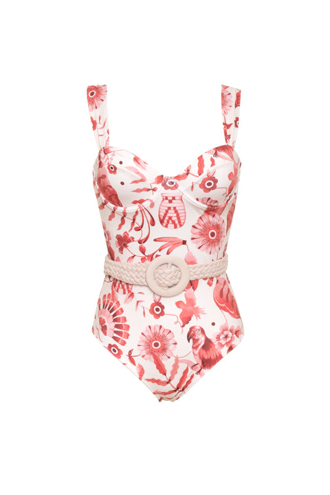 Enterizo estampado con varilla cinturón macramé. Vestido de baño con cobertura moderada.