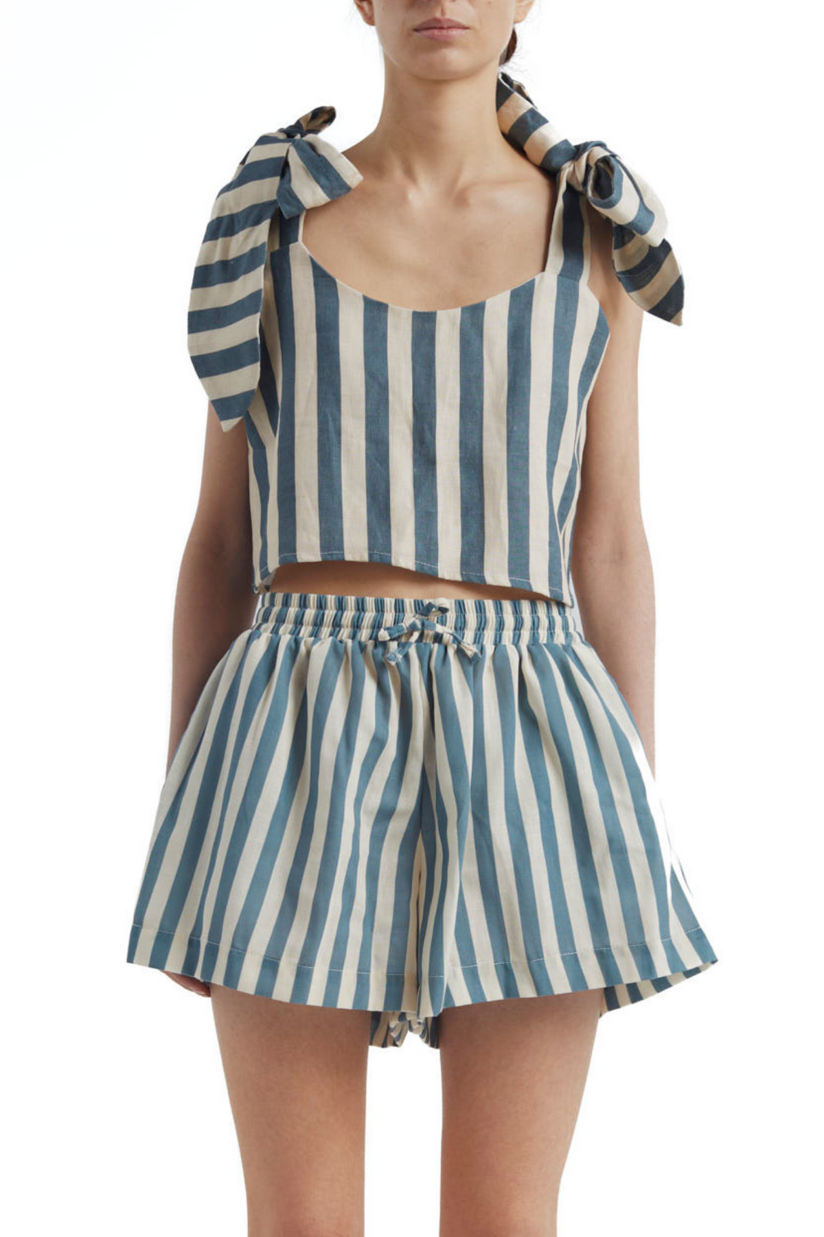 Liana Green Stripes Linen Shorts encantadore