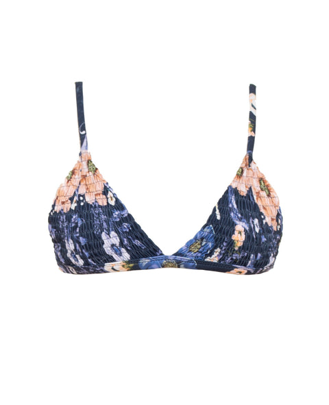 Bikini top con textura y estampado floral para mujeres top con copas se amarra en espalda
