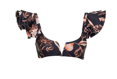 Bikini top con estampado floral cuenta con boleros a los hombros y se amarra a los lados